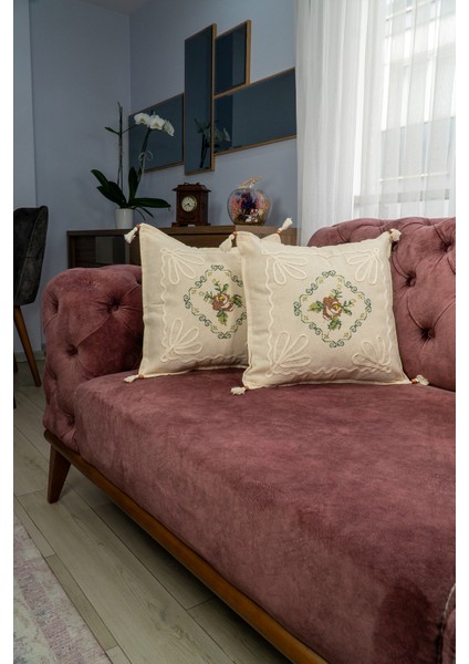 Kanaviçe Işlemeli 2 Li Kırlent Kılıfı Gül Demet-Kahve Rengi %100 Pamuk 40X40 cm