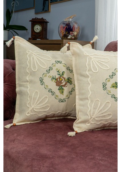 Kanaviçe Işlemeli 2 Li Kırlent Kılıfı Gül Demet-Kahve Rengi %100 Pamuk 40X40 cm fiyatları