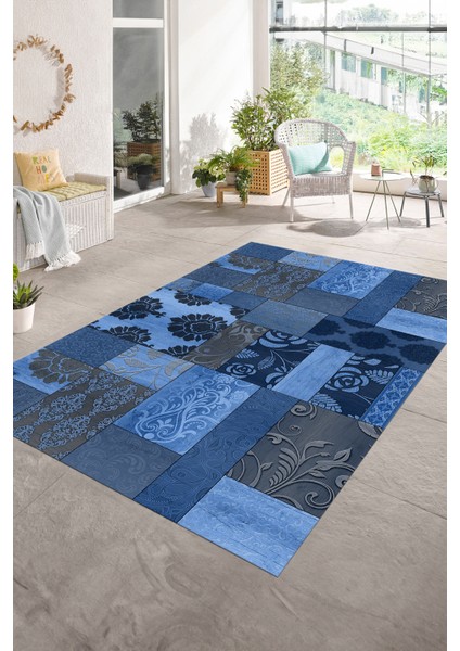 Dijital Baskı Kaymaz Taban Yıkanabilir Patchwork Yolluk Mutfak Salon Halısı, N-Patchwork-16-Mavi,