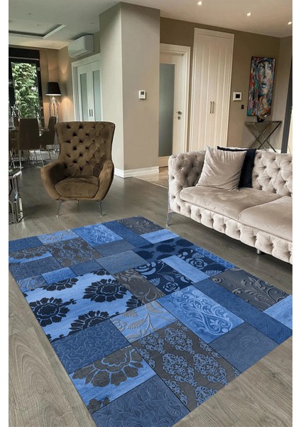 Dijital Baskı Kaymaz Taban Yıkanabilir Patchwork Yolluk Mutfak Salon Halısı, N-Patchwork-16-Mavi,