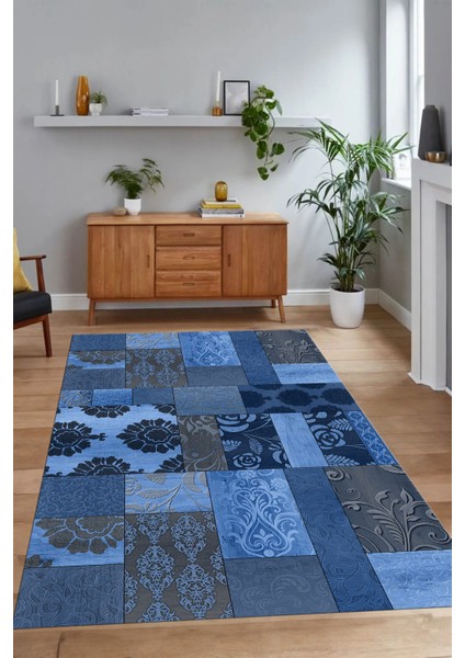 Dijital Baskı Kaymaz Taban Yıkanabilir Patchwork Yolluk Mutfak Salon Halısı, N-Patchwork-16-Mavi,