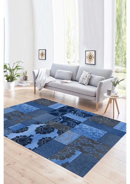 Dijital Baskı Kaymaz Taban Yıkanabilir Patchwork Yolluk Mutfak Salon Halısı, N-Patchwork-16-Mavi,