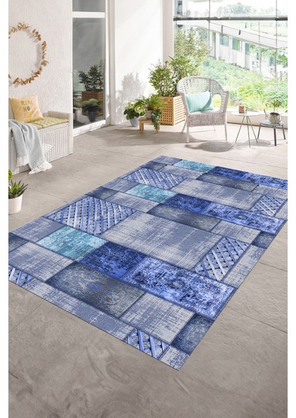 Napoli Home Dijital Baskı Kaymaz Taban Yıkanabilir Patchwork Yolluk Mutfak Salon Halısı, N-Patchwork-18-Mavi,