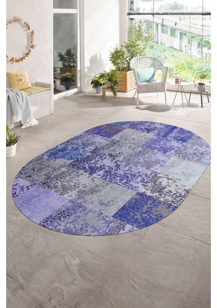 Dijital Kaymaz Yıkanabilir Patchwork Oval Yolluk Mutfak Salon Halısı, N-O-Patchwork-17-Mavi,