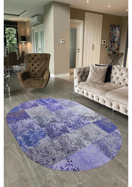 Dijital Kaymaz Yıkanabilir Patchwork Oval Yolluk Mutfak Salon Halısı, N-O-Patchwork-17-Mavi, fiyatları