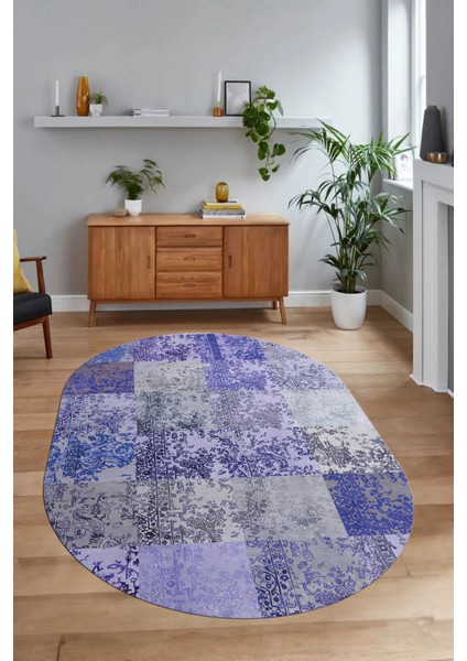 Dijital Kaymaz Yıkanabilir Patchwork Oval Yolluk Mutfak Salon Halısı, N-O-Patchwork-17-Mavi, modelleri