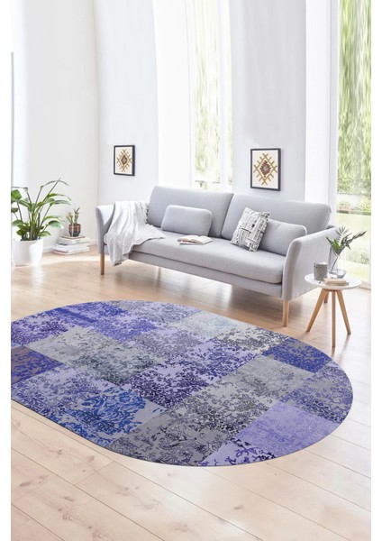 Dijital Kaymaz Yıkanabilir Patchwork Oval Yolluk Mutfak Salon Halısı, N-O-Patchwork-17-Mavi, fırsatları