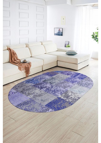 Dijital Kaymaz Yıkanabilir Patchwork Oval Yolluk Mutfak Salon Halısı, N-O-Patchwork-17-Mavi, indirimleri