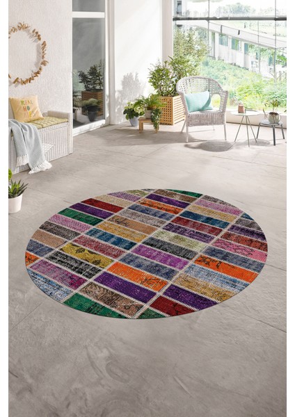 Dijital Kaymaz Yıkanabilir Patchwork Yuvarlak Balkon Mutfak Salon Halısı, N-Y-Patchwork-09-Renkli,