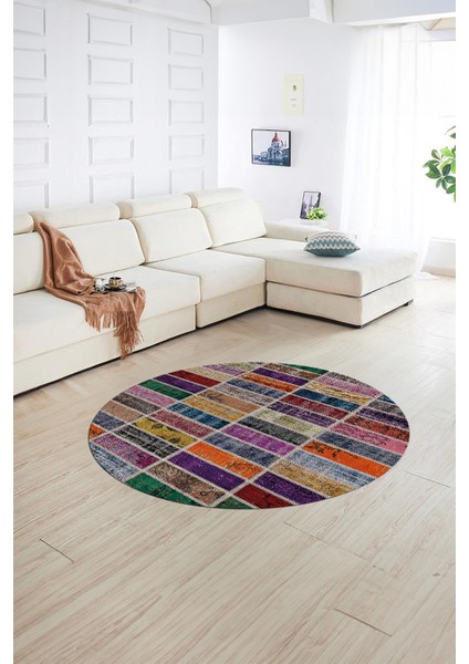 Dijital Kaymaz Yıkanabilir Patchwork Yuvarlak Balkon Mutfak Salon Halısı, N-Y-Patchwork-09-Renkli, indirimleri