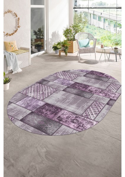 Dijital Kaymaz Yıkanabilir Patchwork Oval Yolluk Mutfak Salon Halısı, N-O-Patchwork-18-Mor,