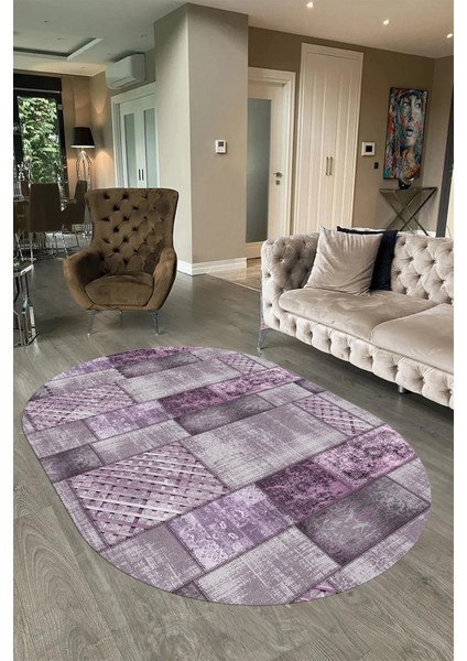 Dijital Kaymaz Yıkanabilir Patchwork Oval Yolluk Mutfak Salon Halısı, N-O-Patchwork-18-Mor, fiyatları
