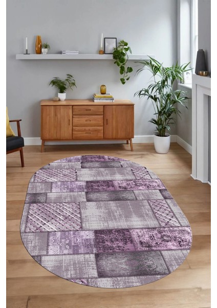 Dijital Kaymaz Yıkanabilir Patchwork Oval Yolluk Mutfak Salon Halısı, N-O-Patchwork-18-Mor, modelleri