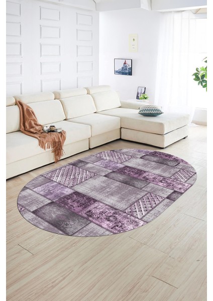 Dijital Kaymaz Yıkanabilir Patchwork Oval Yolluk Mutfak Salon Halısı, N-O-Patchwork-18-Mor, indirimleri