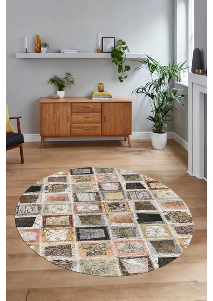 Dijital Kaymaz Yıkanabilir Patchwork Yuvarlak Balkon Mutfak Salon Halısı, N-Y-Patchwork-14-Kahve, modelleri