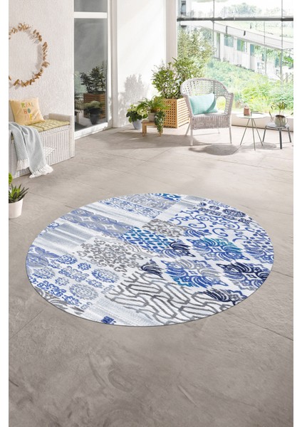Dijital Kaymaz Yıkanabilir Patchwork Yuvarlak Balkon Mutfak Salon Halısı, N-Y-Patchwork-02-Mavi,