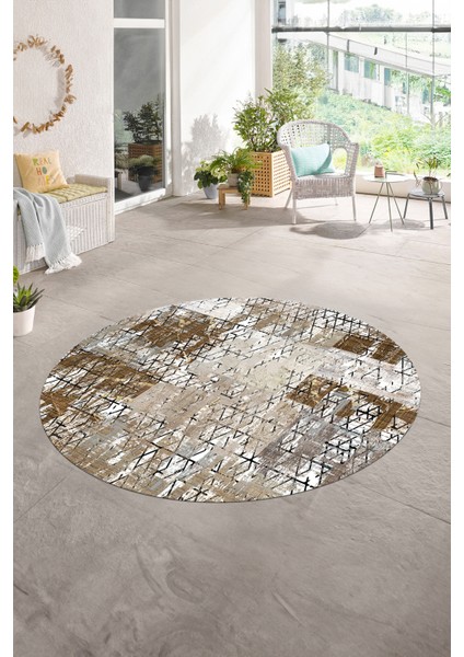 Dijital Kaymaz Yıkanabilir Patchwork Yuvarlak Balkon Mutfak Salon Halısı, N-Y-Patchwork-05-Kahve,
