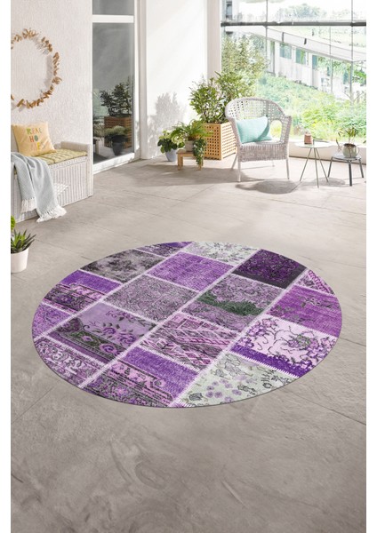Dijital Kaymaz Yıkanabilir Patchwork Yuvarlak Balkon Mutfak Salon Halısı, N-Y-Patchwork-04-Mor,