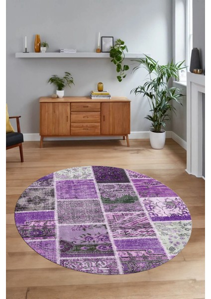 Dijital Kaymaz Yıkanabilir Patchwork Yuvarlak Balkon Mutfak Salon Halısı, N-Y-Patchwork-04-Mor, modelleri