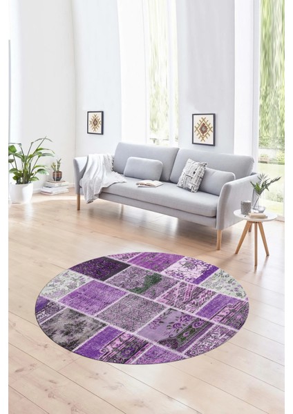 Dijital Kaymaz Yıkanabilir Patchwork Yuvarlak Balkon Mutfak Salon Halısı, N-Y-Patchwork-04-Mor, fırsatları