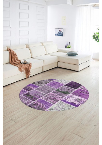 Dijital Kaymaz Yıkanabilir Patchwork Yuvarlak Balkon Mutfak Salon Halısı, N-Y-Patchwork-04-Mor, indirimleri