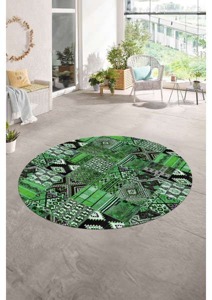 Dijital Kaymaz Yıkanabilir Patchwork Yuvarlak Balkon Mutfak Salon Halısı, N-Y-Patchwork-06-Yeşil,