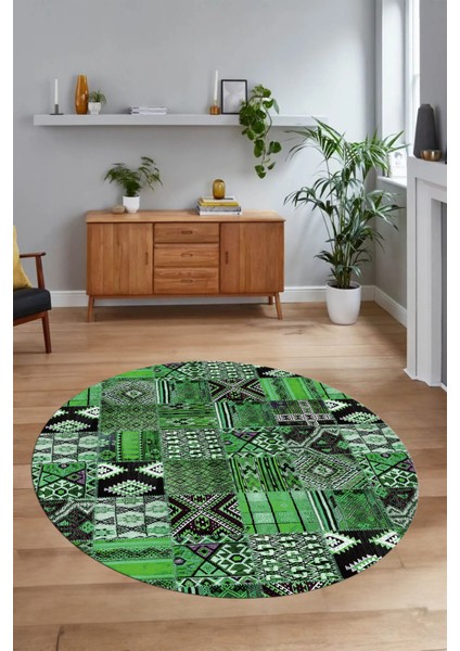 Dijital Kaymaz Yıkanabilir Patchwork Yuvarlak Balkon Mutfak Salon Halısı, N-Y-Patchwork-06-Yeşil, modelleri