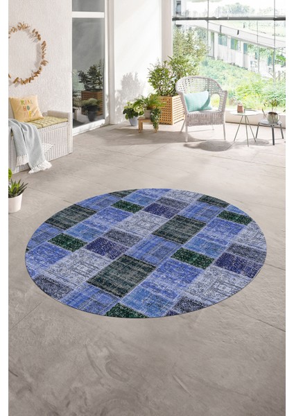 Dijital Kaymaz Yıkanabilir Patchwork Yuvarlak Balkon Mutfak Salon Halısı, N-Y-Patchwork-07-Mavi,
