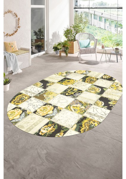 Dijital Kaymaz Yıkanabilir Patchwork Oval Yolluk Mutfak Salon Halısı, N-O-Patchwork-19-Sarı,