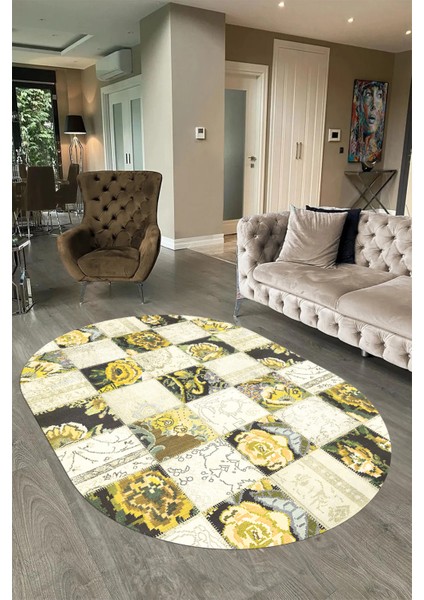 Dijital Kaymaz Yıkanabilir Patchwork Oval Yolluk Mutfak Salon Halısı, N-O-Patchwork-19-Sarı,