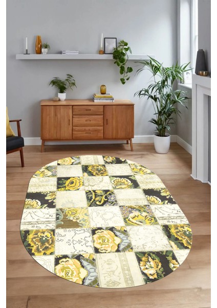 Dijital Kaymaz Yıkanabilir Patchwork Oval Yolluk Mutfak Salon Halısı, N-O-Patchwork-19-Sarı,