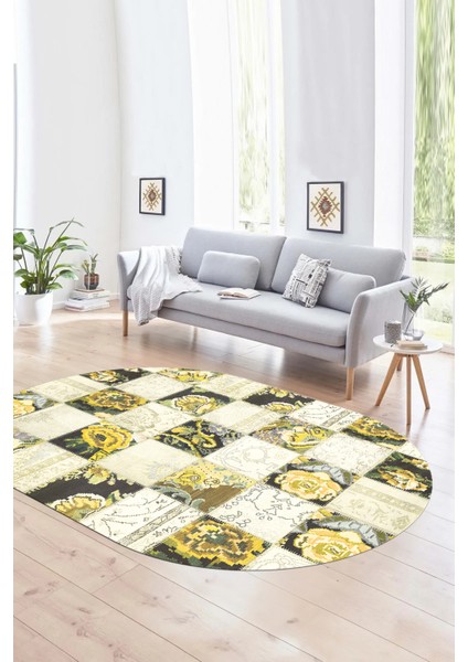 Dijital Kaymaz Yıkanabilir Patchwork Oval Yolluk Mutfak Salon Halısı, N-O-Patchwork-19-Sarı,