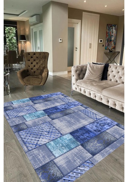 Napoli Home Dijital Baskı Kaymaz Taban Yıkanabilir Patchwork Yolluk Mutfak Salon Halısı, N-Patchwork-18-Mavi,