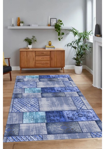 Napoli Home Dijital Baskı Kaymaz Taban Yıkanabilir Patchwork Yolluk Mutfak Salon Halısı, N-Patchwork-18-Mavi,