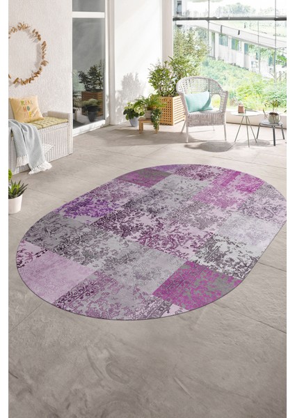 Dijital Kaymaz Yıkanabilir Patchwork Oval Yolluk Mutfak Salon Halısı, N-O-Patchwork-17-Pembe,