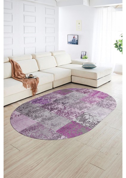 Dijital Kaymaz Yıkanabilir Patchwork Oval Yolluk Mutfak Salon Halısı, N-O-Patchwork-17-Pembe, indirimleri