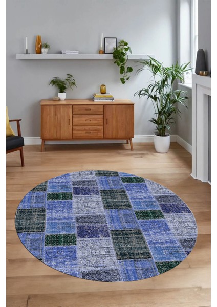 Dijital Kaymaz Yıkanabilir Patchwork Yuvarlak Balkon Mutfak Salon Halısı, N-Y-Patchwork-07-Mavi, modelleri