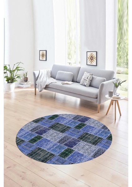 Dijital Kaymaz Yıkanabilir Patchwork Yuvarlak Balkon Mutfak Salon Halısı, N-Y-Patchwork-07-Mavi, fırsatları