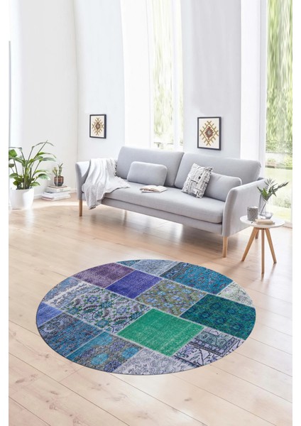 Dijital Kaymaz Yıkanabilir Patchwork Yuvarlak Balkon Mutfak Salon Halısı, N-Y-Patchwork-01-Mavi, fırsatları