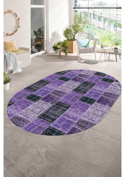 Dijital Kaymaz Yıkanabilir Patchwork Oval Yolluk Mutfak Salon Halısı, N-O-Patchwork-07-Mor,