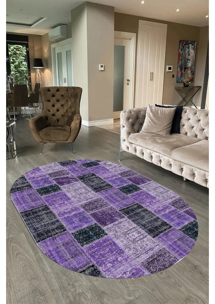 Dijital Kaymaz Yıkanabilir Patchwork Oval Yolluk Mutfak Salon Halısı, N-O-Patchwork-07-Mor,