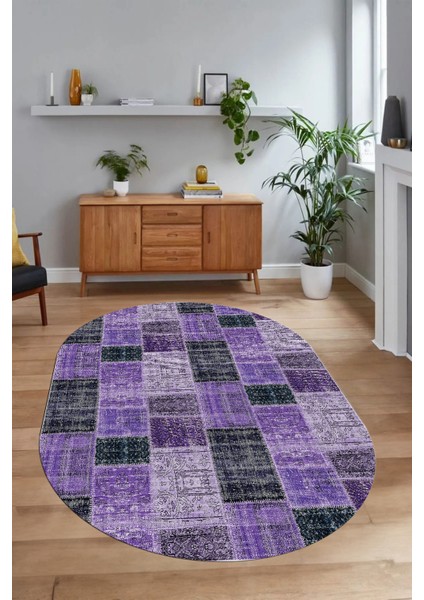 Dijital Kaymaz Yıkanabilir Patchwork Oval Yolluk Mutfak Salon Halısı, N-O-Patchwork-07-Mor,