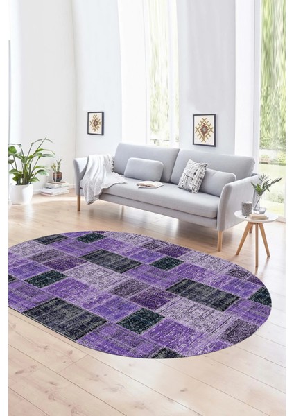 Dijital Kaymaz Yıkanabilir Patchwork Oval Yolluk Mutfak Salon Halısı, N-O-Patchwork-07-Mor,