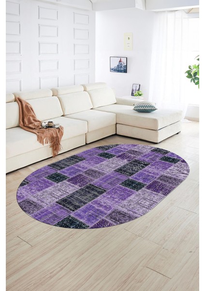 Dijital Kaymaz Yıkanabilir Patchwork Oval Yolluk Mutfak Salon Halısı, N-O-Patchwork-07-Mor,