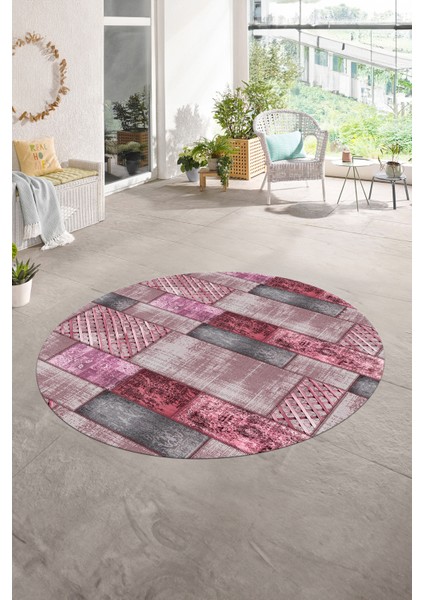 Dijital Kaymaz Yıkanabilir Patchwork Yuvarlak Balkon Mutfak Salon Halısı, N-Y-Patchwork-18-Pembe,