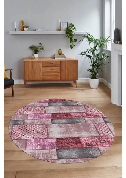 Dijital Kaymaz Yıkanabilir Patchwork Yuvarlak Balkon Mutfak Salon Halısı, N-Y-Patchwork-18-Pembe, modelleri