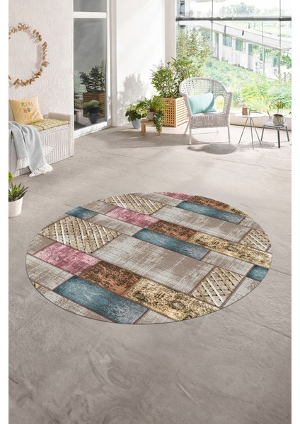 Dijital Kaymaz Yıkanabilir Patchwork Yuvarlak Balkon Mutfak Salon Halısı, N-Y-Patchwork-18-Renkli,