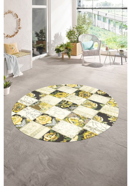 Dijital Kaymaz Yıkanabilir Patchwork Yuvarlak Balkon Mutfak Salon Halısı, N-Y-Patchwork-19-Sarı,