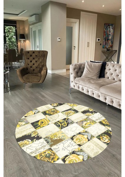 Dijital Kaymaz Yıkanabilir Patchwork Yuvarlak Balkon Mutfak Salon Halısı, N-Y-Patchwork-19-Sarı, fiyatları