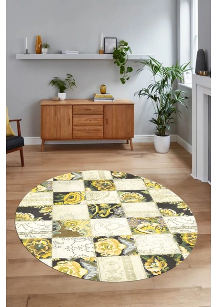 Dijital Kaymaz Yıkanabilir Patchwork Yuvarlak Balkon Mutfak Salon Halısı, N-Y-Patchwork-19-Sarı, modelleri